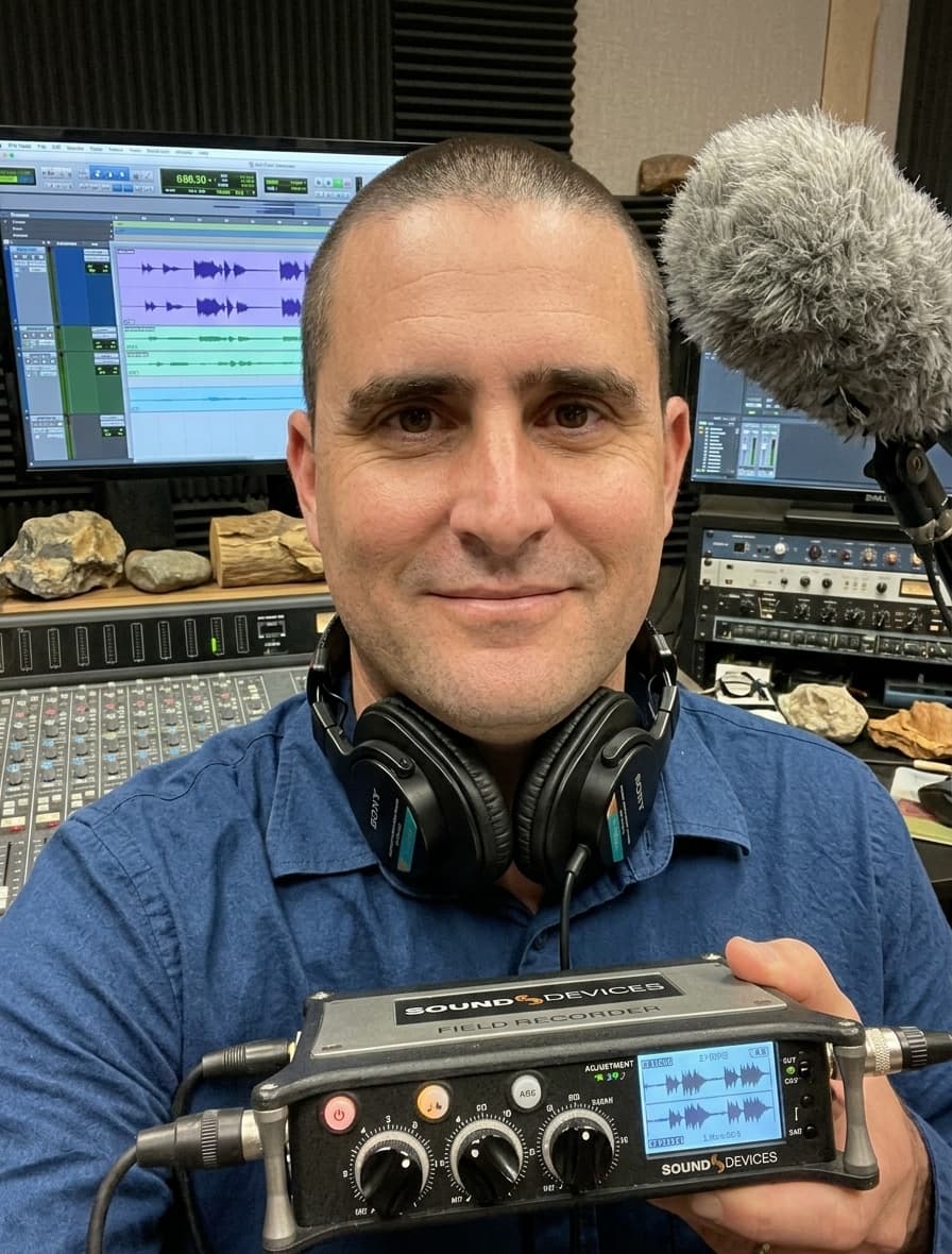 Luke Robert with field recording equipment
